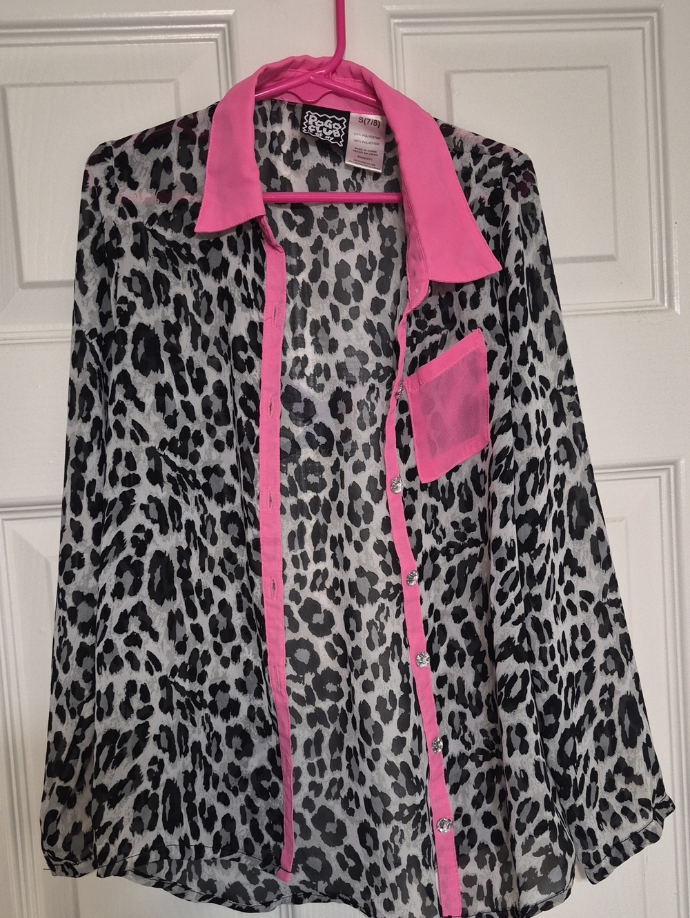Kids Sheer Leopard Print Button-Up Shirt with Pink Trim